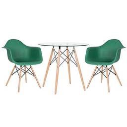 Kit - Mesa de vidro Eames 80 cm + 2 cadeiras Eames Daw verde escuro