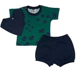 Conjunto Bebê Camiseta Patas + Shorts + Bandana azul/verde P