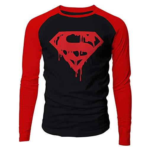 Camiseta masculina manga longa raglan Death of Superman Super Homem preto e vermelho Live Comics tamanho:M;cor:Preto