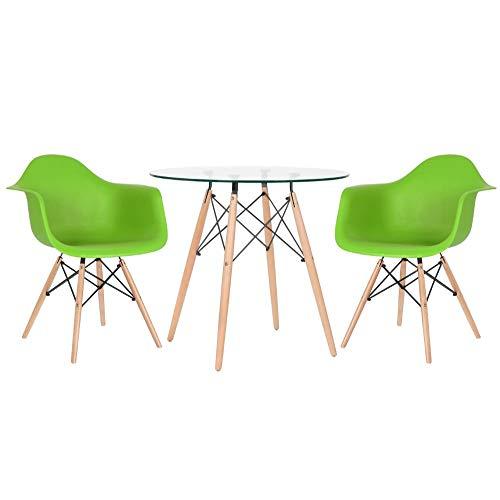 Kit - Mesa de vidro Eames 80 cm + 2 cadeiras Eames Daw verde claro
