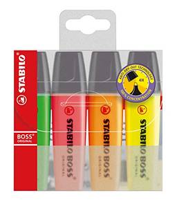 Marcador de Texto Stabilo BOSS, 113.2012, Estojo com 4 unidades fluorescentes (1 amarelo, 1 rosa, 1 verde e 1 laranja)
