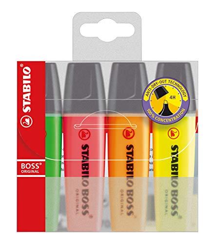 Marcador de Texto Stabilo BOSS, 113.2012, Estojo com 4 unidades fluorescentes (1 amarelo, 1 rosa, 1 verde e 1 laranja)