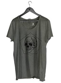 Camiseta Estonada Corte à Fio Estampada Poligono Skull, Joss, Masculino, Chumbo, Médio