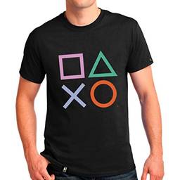 Camiseta Playstation Classic Symbols, Banana Geek, Adulto Unissex, Preto (colorido), XG