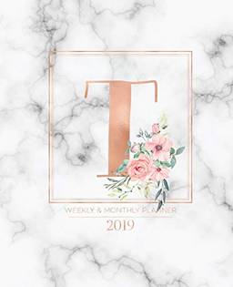 Weekly & Monthly Planner 2019: Rose Gold Monogram Letter T Marble with Pink Flowers (7.5 X 9.25") Vertical at a Glance Personalized Planner for Women Moms Girls and School