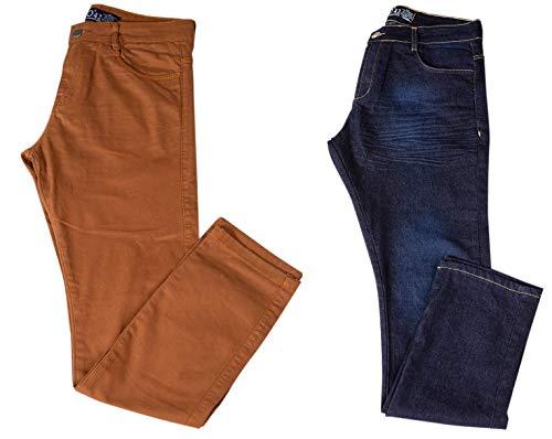 Kit com Duas Calças Masculinas Jeans e Sarja com Lycra (Jeans Escuro e Caqui, 46)