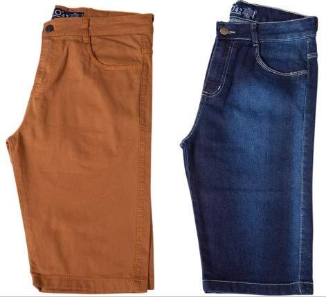 Kit c/ 2 Bermudas Masculinas Jeans e Sarja Coloridas com Lycra - Jeans Escuro e Caqui - 48