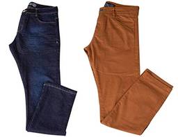 Kit com Duas Calças Masculinas Jeans e Sarja Coloridas com Lycra - Jeans Escuro e Caqui - 40