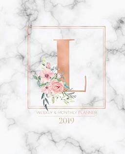 Weekly & Monthly Planner 2019: Rose Gold Monogram Letter L Marble with Pink Flowers (7.5 X 9.25") Horizontal at a Glance Personalized Planner for Women Moms Girls and School