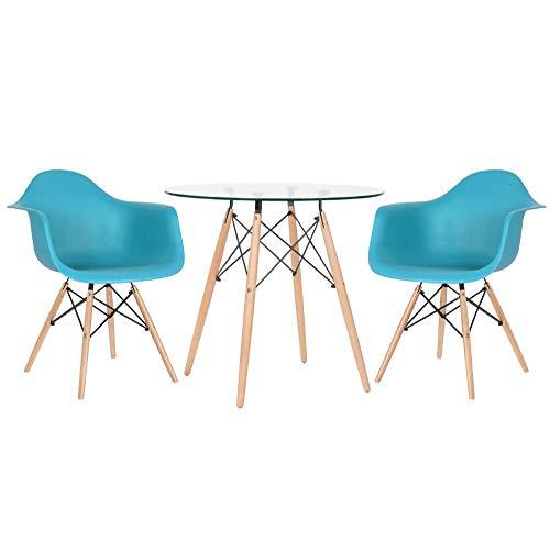 Kit - Mesa de vidro Eames 80 cm + 2 cadeiras Eames Daw azul tiffany