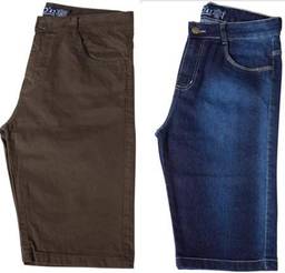 Kit c/ 2 Bermudas Masculinas Jeans e Sarja Coloridas com Lycra - Jeans Escuro e Verde - 40
