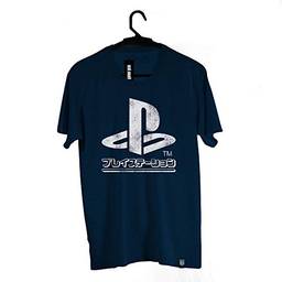 Camiseta Brand Logo Japonês, Playstation, Adulto Unissex, Azul Escuro, M