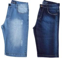 Kit com Duas Bermudas Masculinas Jeans e Sarja Coloridas com Lycra - Jeans Claro e Escuro - 40