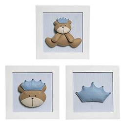 Trio de Quadros Urso Príncipe, Quarto Bebê Infantil Menino, Potinho de Mel, Azul
