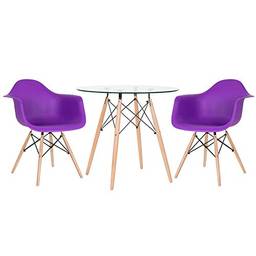 Kit - Mesa de vidro Eames 80 cm + 2 cadeiras Eames Daw roxo