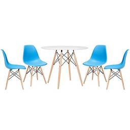 Kit - Mesa Eames 90 cm branco + 4 cadeiras Eames Eiffel Dsw azul cé
