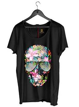 Camiseta Caveira Flores Coloridas, Joss, Masculino, Preto, G