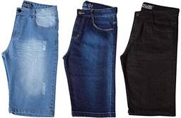 Kit com 3 Bermudas Masculinas Sarja Jeans Short Slim Lycra Brim - Preta, Jeans Claro e Jeans Escuro - 38