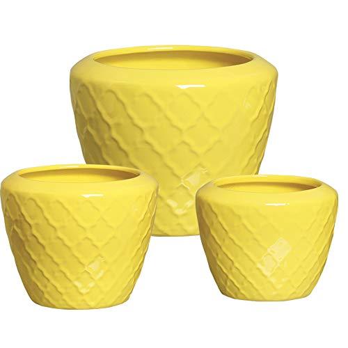 Trio De Cachepôs Com Relevo Ceramicas Pegorin Amarelo