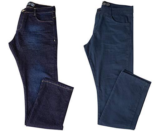 Kit com Duas Calças Masculinas Jeans e Sarja Coloridas com Lycra - Jeans Escuro e Azul - 48