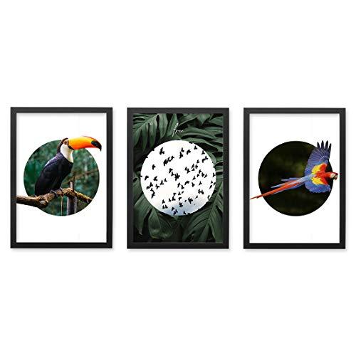 Conjunto Quadros Decorativos Pássaros Moldura Preta 102x43cm - Prolab Gift