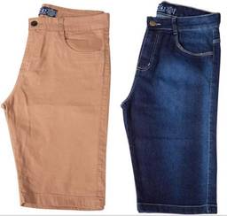 Kit c/ 2 Bermudas Masculinas Jeans e Sarja Coloridas com Lycra - Jeans Escuro e Bege - 44