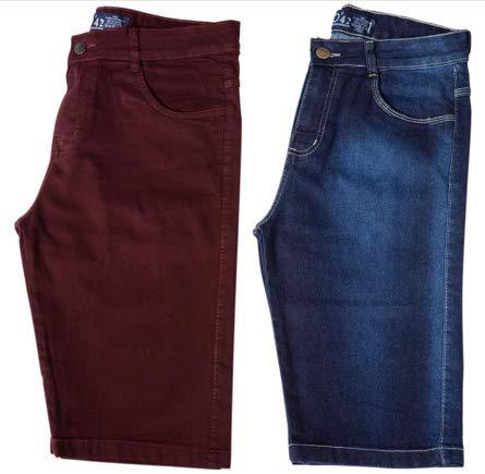 Kit c/ 2 Bermudas Masculinas Jeans e Sarja Coloridas com Lycra - Jeans Escuro e Vinho - 44