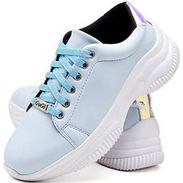 Tênis Feminino Casual Neon Caminhada Plataforma Sneaker Gugi Flatform Cor:Azul Celeste;Tamanho:37