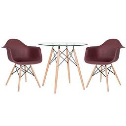 Kit - Mesa de vidro Eames 80 cm + 2 cadeiras Eames Daw marrom