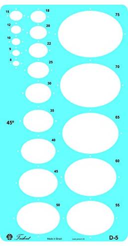Gabarito Elipses - 45° - 19 Elipses de 8 a 75 mm, D-5, Trident, Acrílico Azulado 27.5 x 14.5 cm