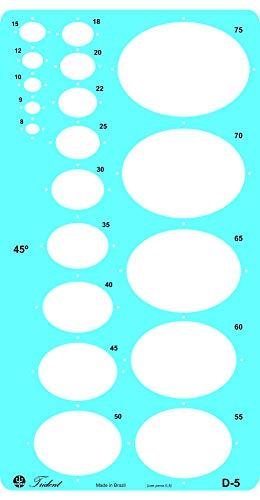 Gabarito Elipses - 45° - 19 Elipses de 8 a 75 mm, D-5, Trident, Acrílico Azulado 27.5 x 14.5 cm