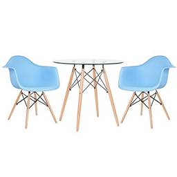 Kit - Mesa de vidro Eames 80 cm + 2 cadeiras Eames Daw azul claro
