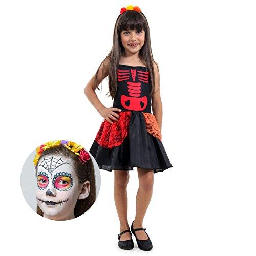 Caveira Mexicana com Maquiagem Infantil Sulamericana Fantasias Preto/Vermelho M 6/8 Anos