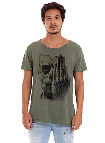 Camiseta Estonada Corte à Fio Estampada Catrina Olhos, Joss, Masculino, Verde Militar, Médio