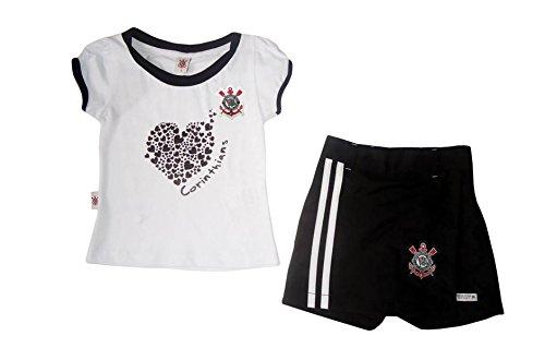 Conjunto camiseta e shorts-saia Corinthians, Rêve D'or Sport, Meninas, Branco/Preto, 2