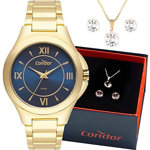 Kit Relógio Condor Feminino Dourado Com Colar e Brincos Co2035kxu/k4a Analógico 5 Atm
