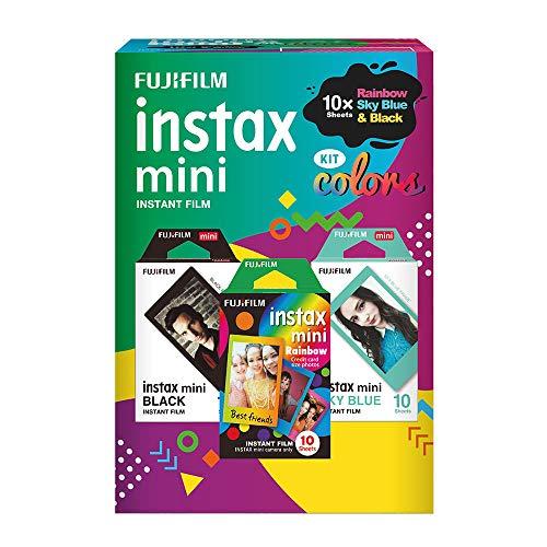 Filme Instax Color 3 Packs com 10 Poses, Fujifilm, Sky Blue, Rainbow e Black