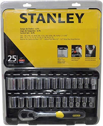 Stanley STMT72657, Jogo de Soquetes em Cromo Vanádio Polido com 25 Peças, Amarelo/Preto, 10 a 22 mm e 3/8” a 1.1/16”