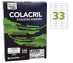 Etiqueta Adesiva A4, Colacril, 25.4 mm x 63.5 mm, 100 Folhas, Branco, Pacote de 3300