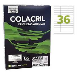 Etiqueta Adesiva A4, 70 mm x 23.40 mm, 100 Folhas, Colacril, CA4336, Branco, pacote de 3600