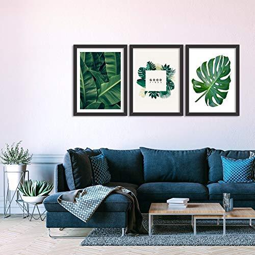 Kit 3 Quadros Decorativos Folhas Verde Natureza Vibes Preto - Médio