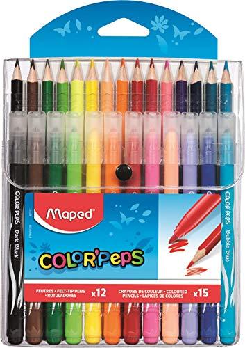 Kit 15 Lápis de Cor Mais 12 Canetas Hidrográficas Jungle Color Peps Estojo, Maped 05, Multicor