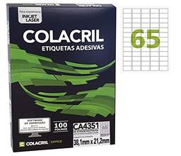 Etiqueta Adesiva A4, 38.1 mm x 21.2 mm, 100 Folhas, Colacril, CA4351, Branco, pacote de 6500