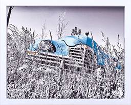 Quadro em Preto e Branco Carro Antigo Azul Abandonado 54X44cm, Decore Pronto, Preto/ Branco