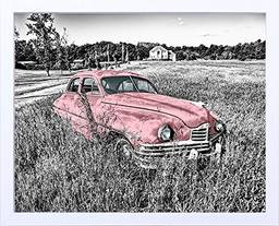 Quadro em Preto e Branco Carro Antigo Rosa Abandonado 54X44cm, Decore Pronto, Preto/ Branco