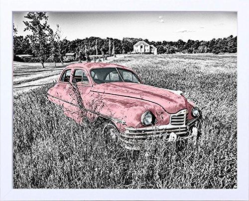 Quadro em Preto e Branco Carro Antigo Rosa Abandonado 54X44cm, Decore Pronto, Preto/ Branco