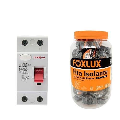 Fita Isolante Foxlux – PVC Antichamas – 5m x 19mm – Espessura: 0,15mm – Alta Elasticidade – Isola fios com tensão até 600V – Preta – Pote com 50 Unidades