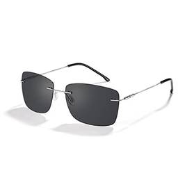Cyxus Óculos de Sol para Homens, Oculos Polarizados Masculino Proteção UV Antirreflexo para Dirigir Golfe Viajar Ultraleve Sem Moldura (0-Hastes prateadas com lentes pretas)