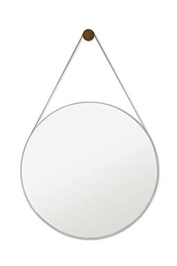 Espelho Decorativo Redondo 50cm Adnet Suspenso C/ Alça Couro Gelo