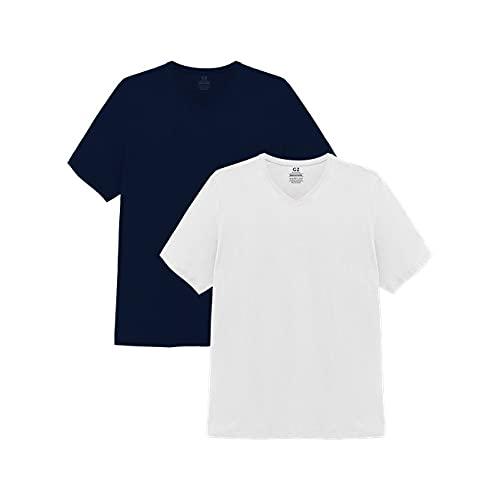 Kit 2 Camisetas Gola V Super Masculina; basicamente; Marinho/Branco G1